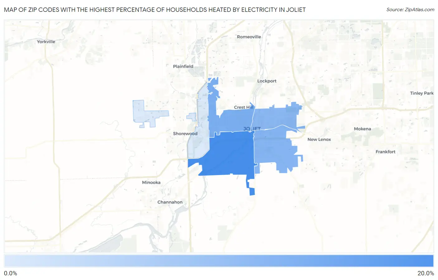 Zip Codes with the Highest Percentage of Households Heated by Electricity in Joliet Map