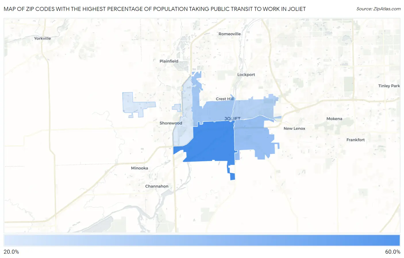 Zip Codes with the Highest Percentage of Population Taking Public Transit to Work in Joliet Map