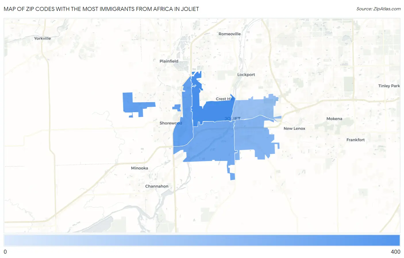 Zip Codes with the Most Immigrants from Africa in Joliet Map