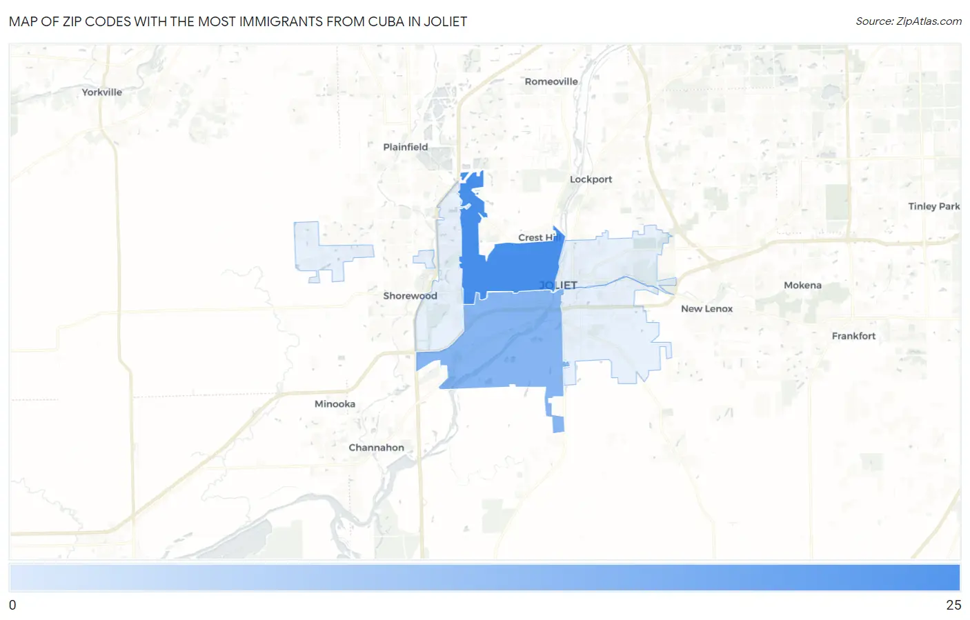 Zip Codes with the Most Immigrants from Cuba in Joliet Map
