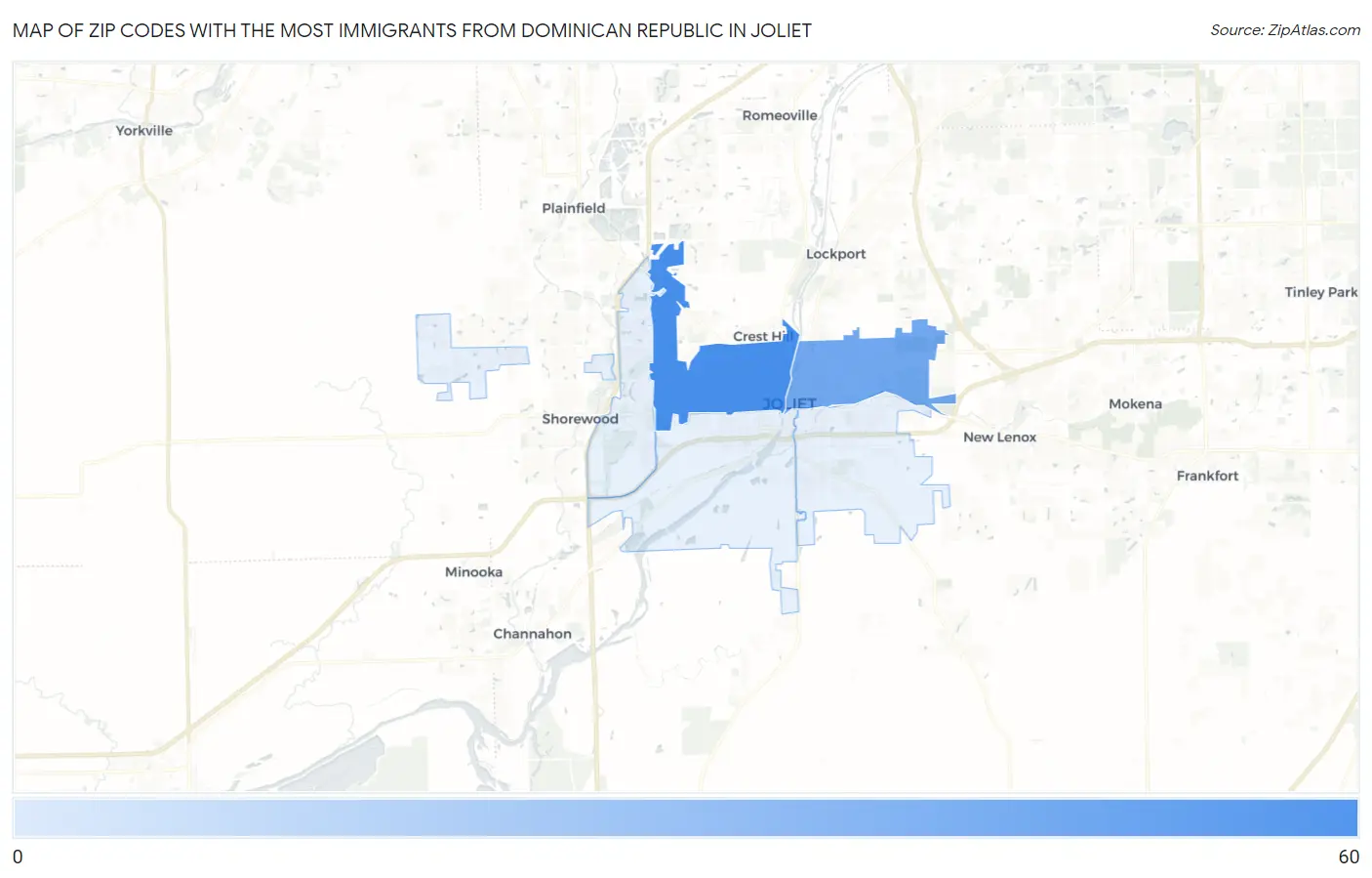 Zip Codes with the Most Immigrants from Dominican Republic in Joliet Map