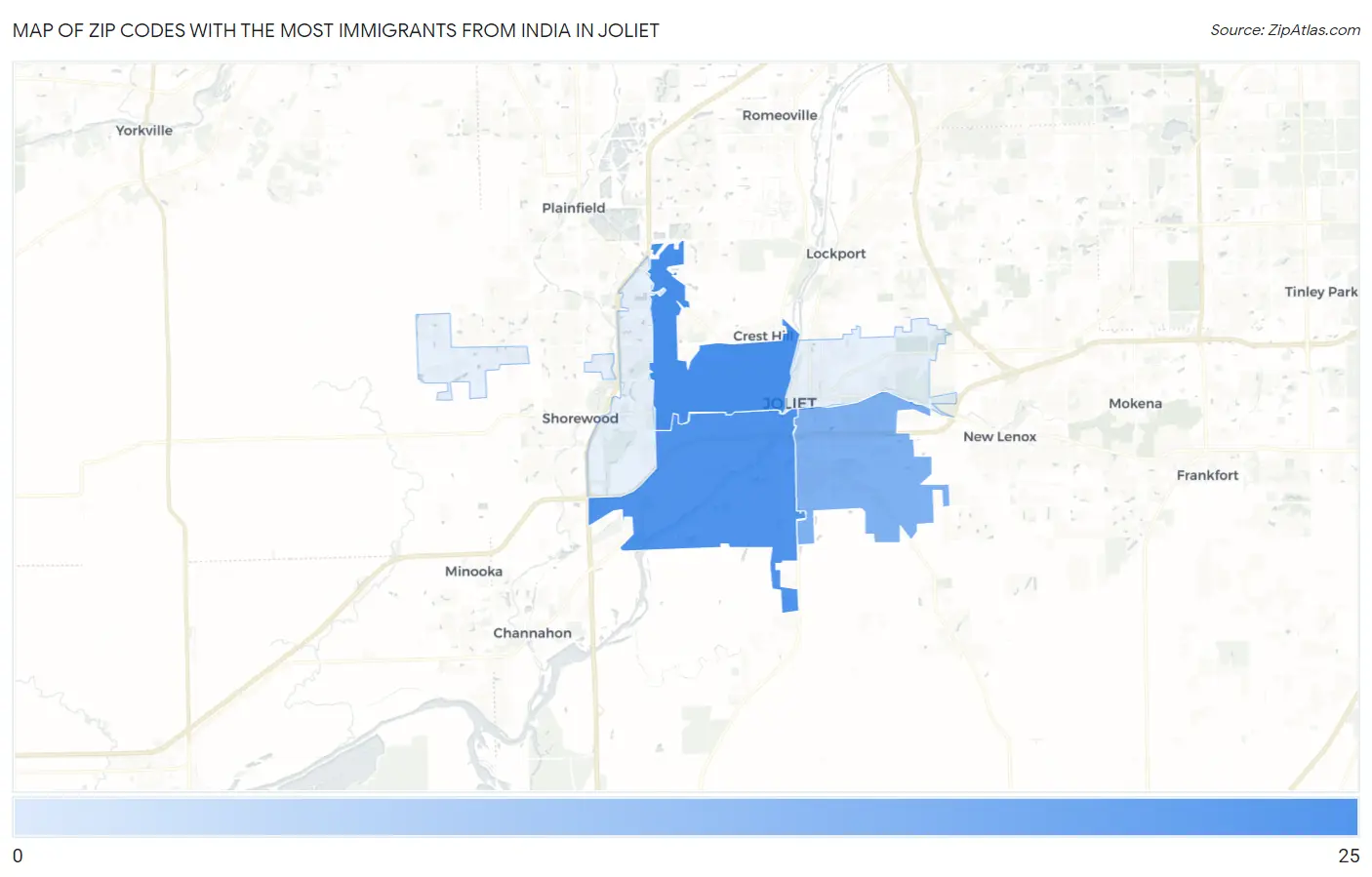 Zip Codes with the Most Immigrants from India in Joliet Map