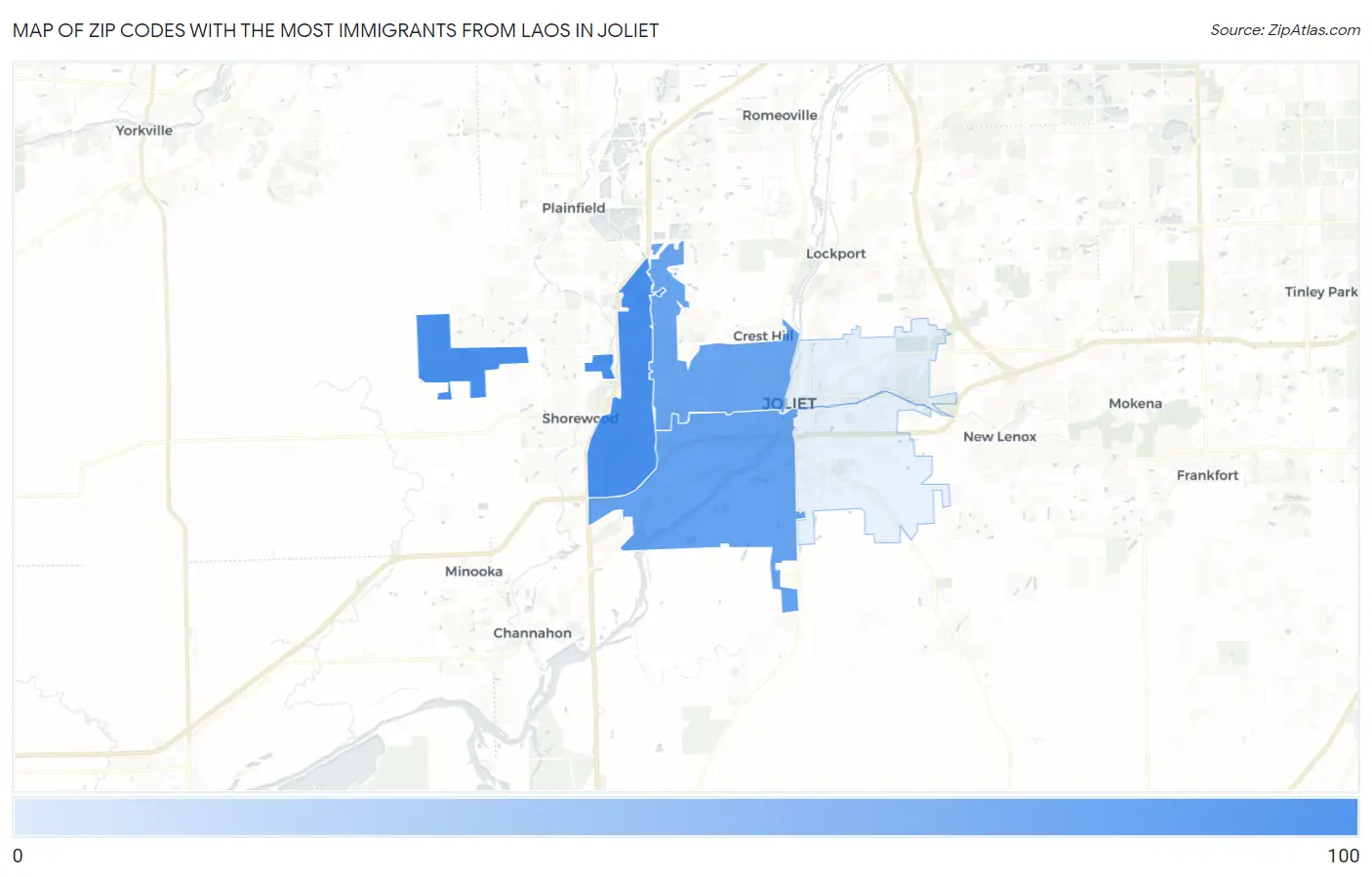 Zip Codes with the Most Immigrants from Laos in Joliet Map