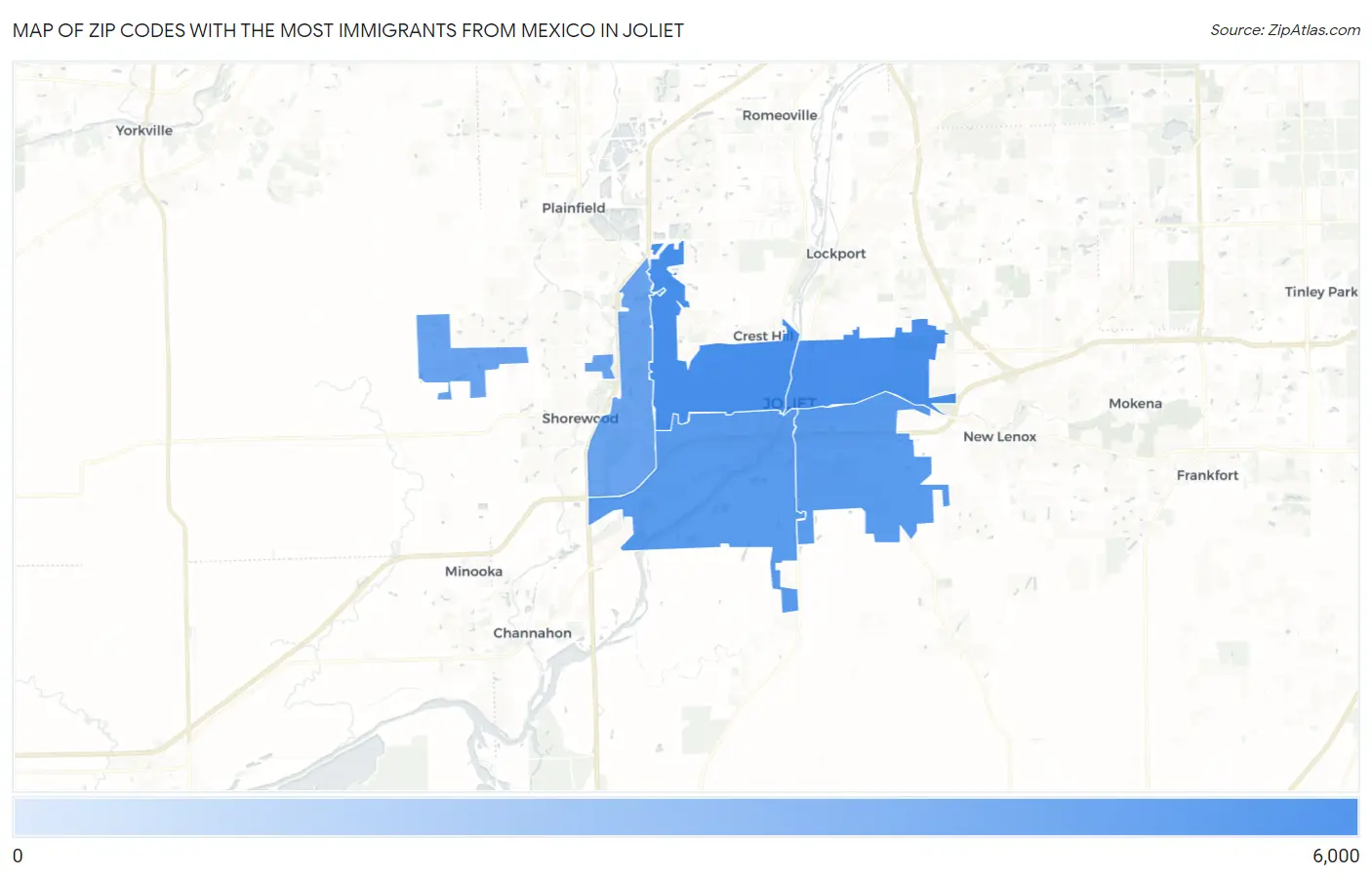 Zip Codes with the Most Immigrants from Mexico in Joliet Map