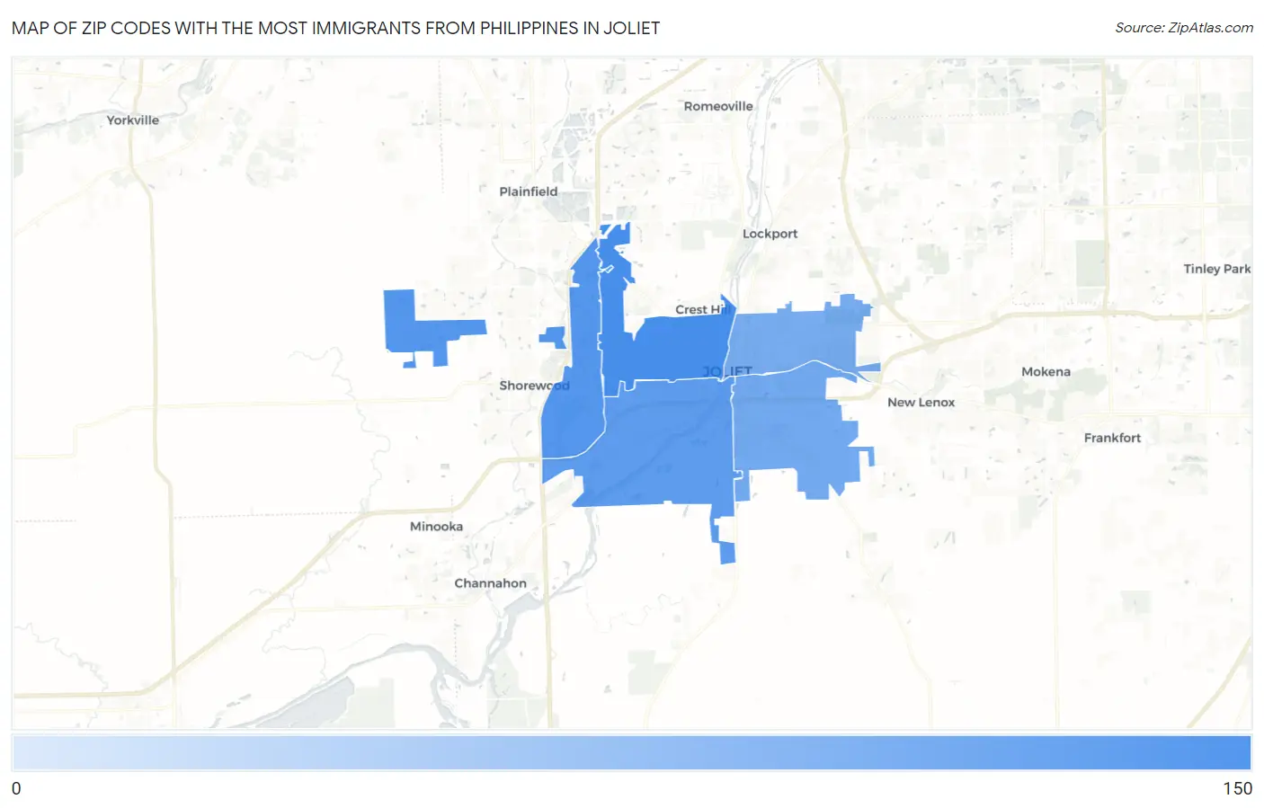 Zip Codes with the Most Immigrants from Philippines in Joliet Map