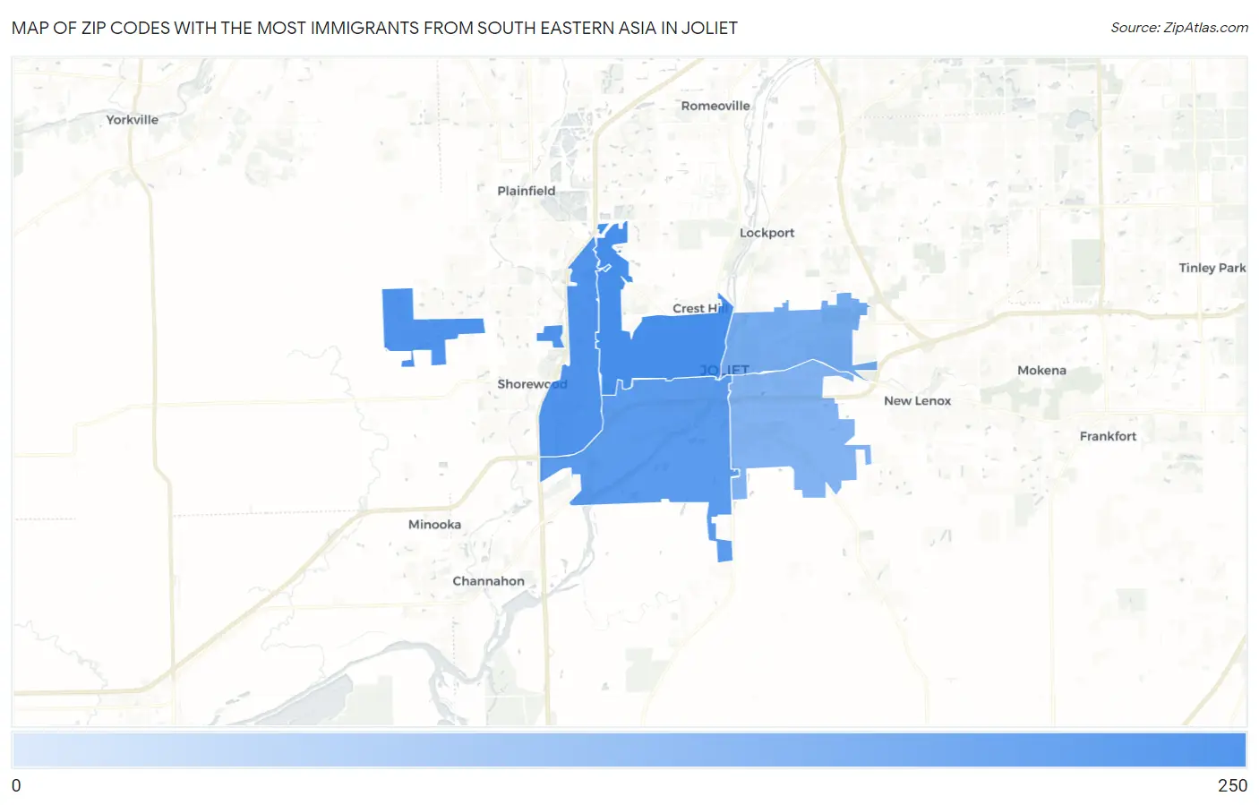 Zip Codes with the Most Immigrants from South Eastern Asia in Joliet Map