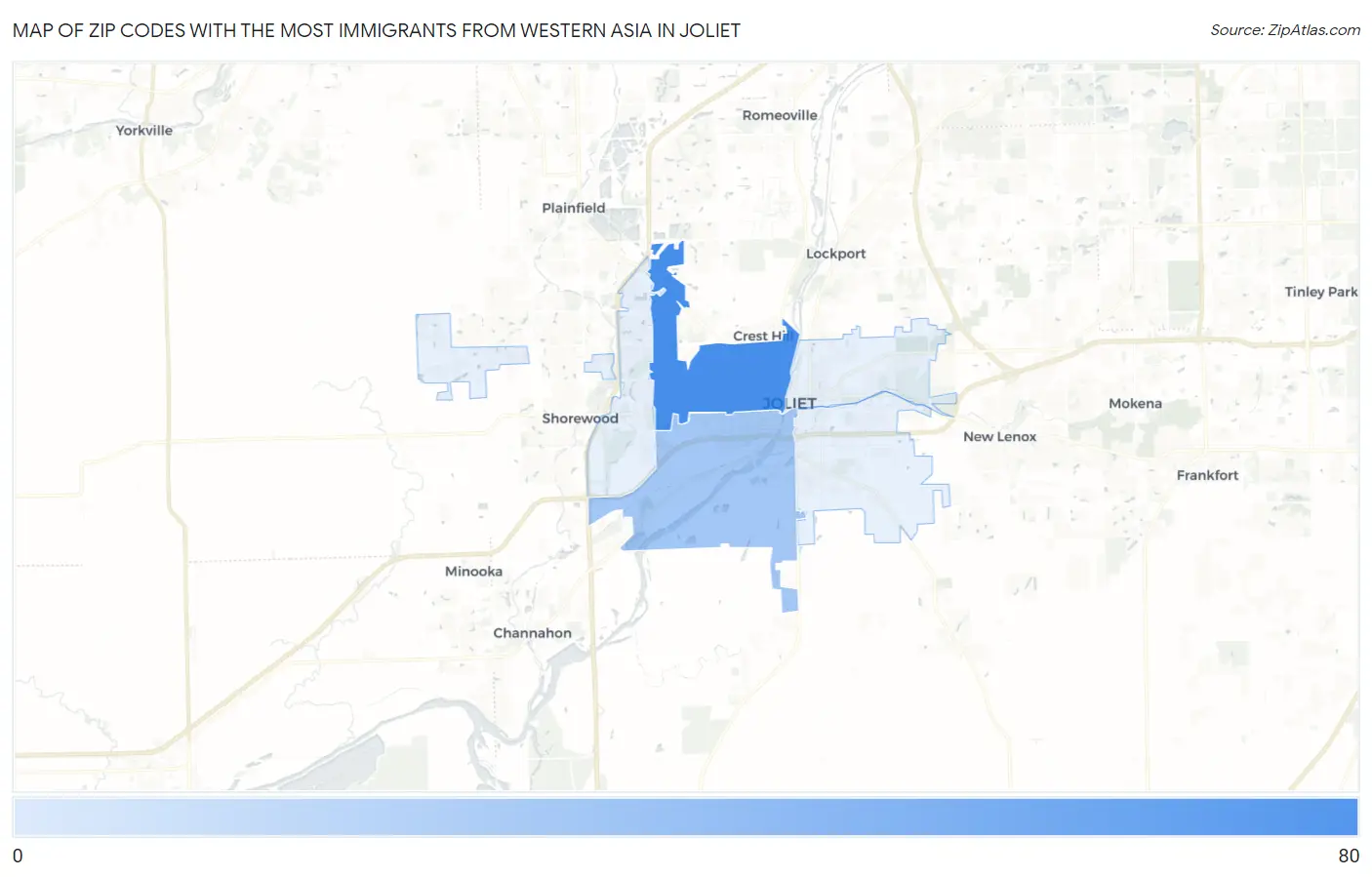 Zip Codes with the Most Immigrants from Western Asia in Joliet Map