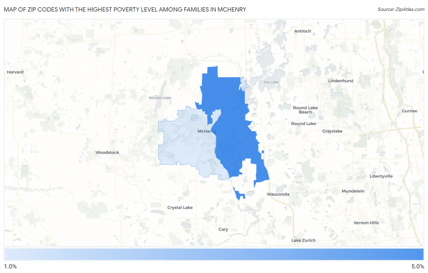 Zip Codes with the Highest Poverty Level Among Families in Mchenry Map