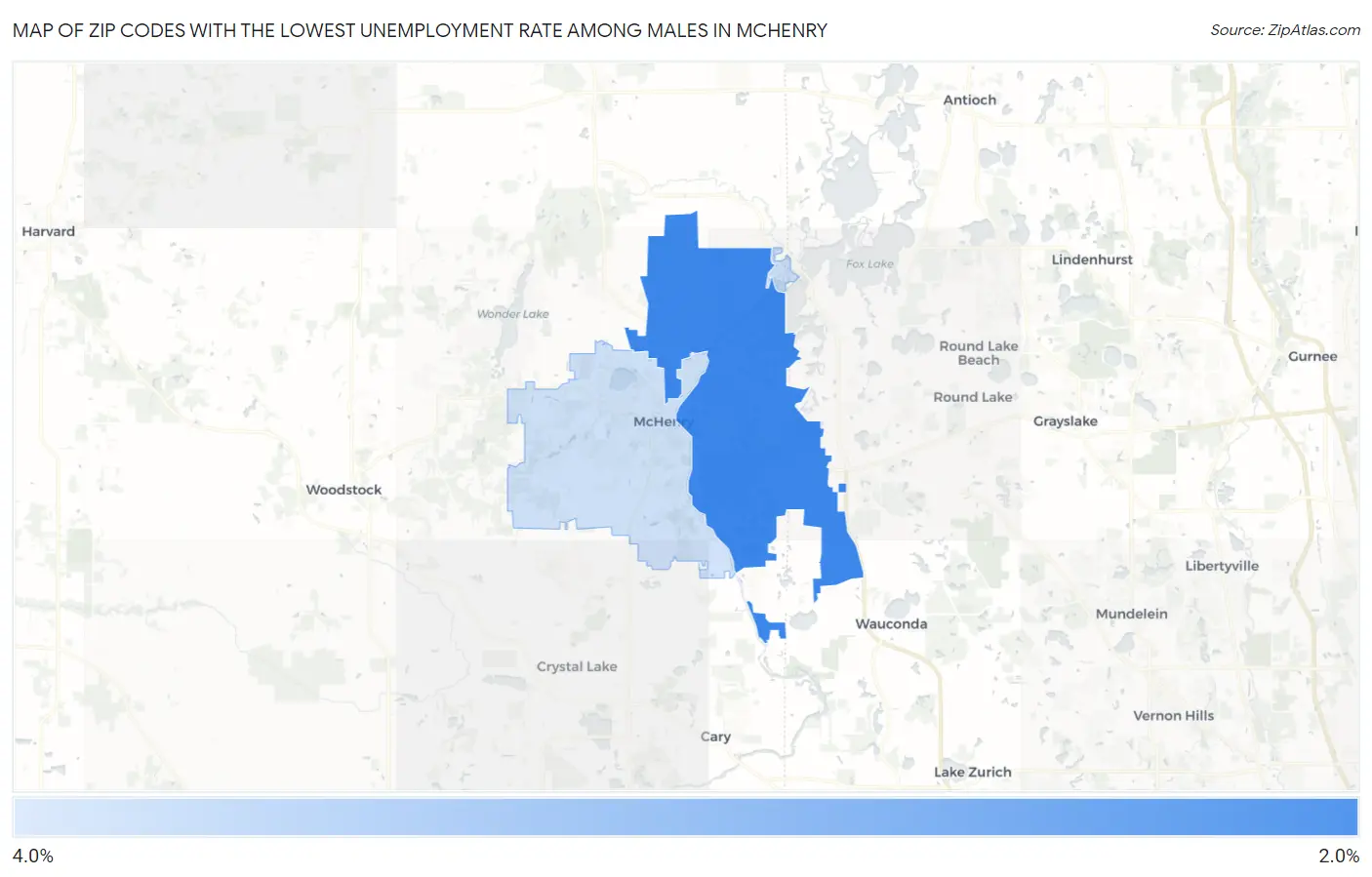 Zip Codes with the Lowest Unemployment Rate Among Males in Mchenry Map
