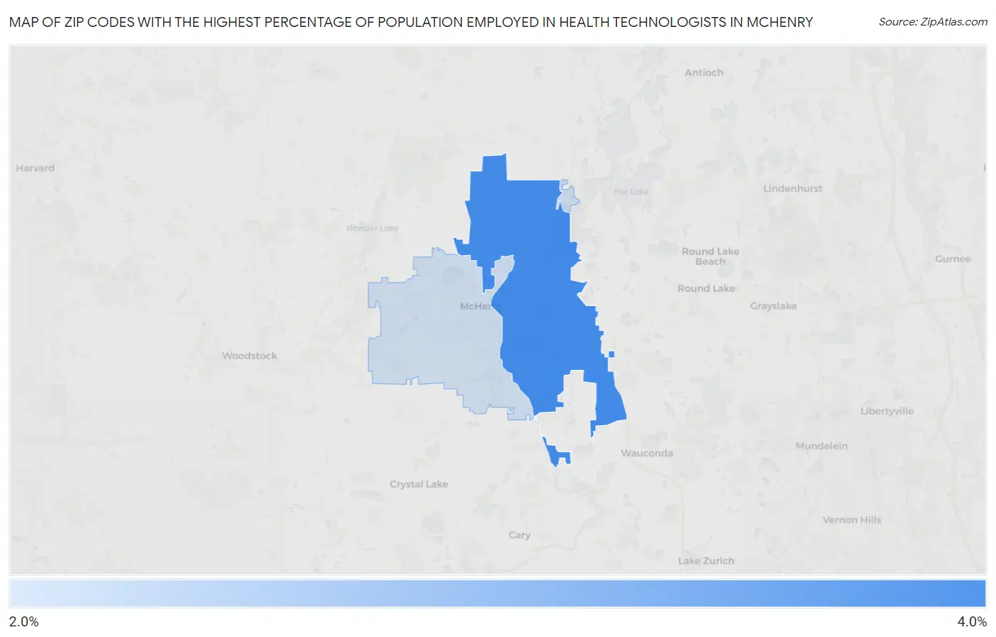 Zip Codes with the Highest Percentage of Population Employed in Health Technologists in Mchenry Map