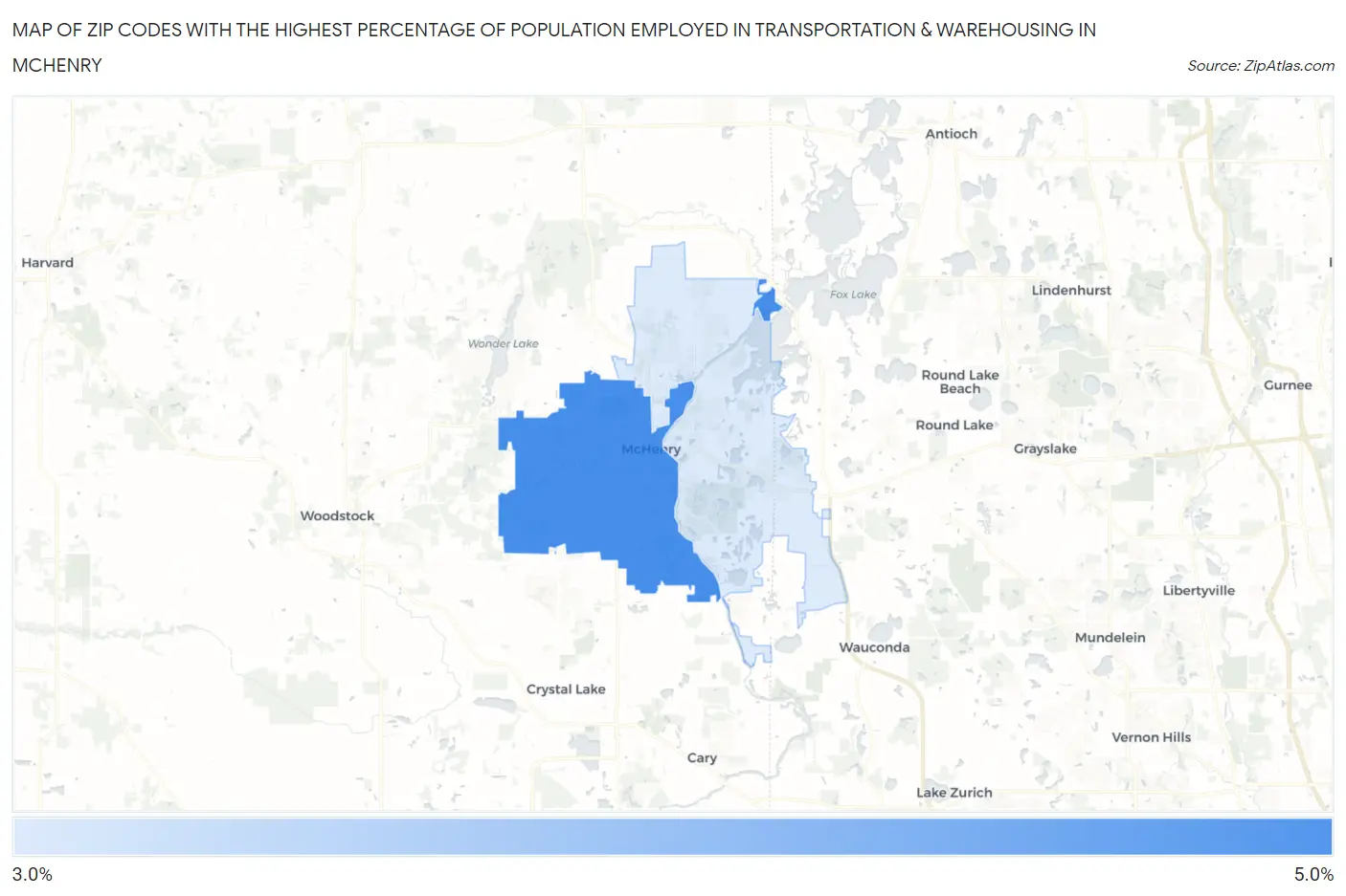 Zip Codes with the Highest Percentage of Population Employed in Transportation & Warehousing in Mchenry Map