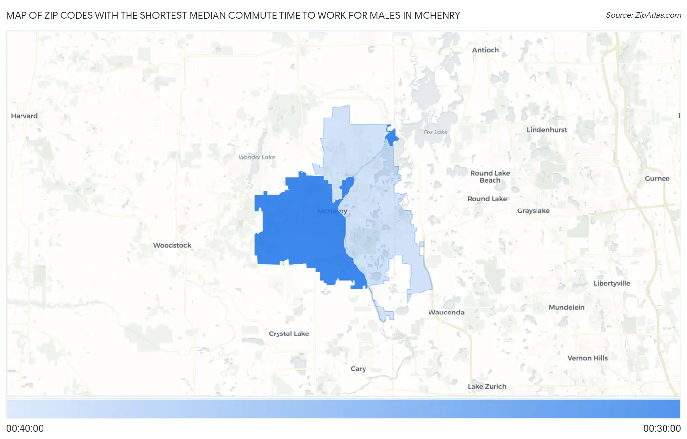 Zip Codes with the Shortest Median Commute Time to Work for Males in Mchenry Map