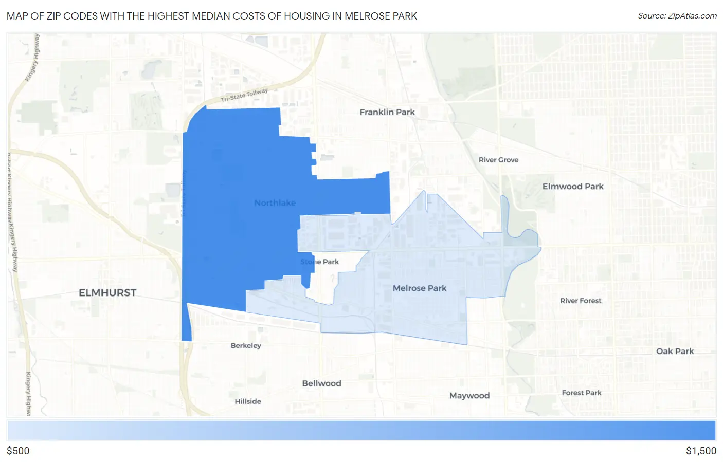 Zip Codes with the Highest Median Costs of Housing in Melrose Park Map