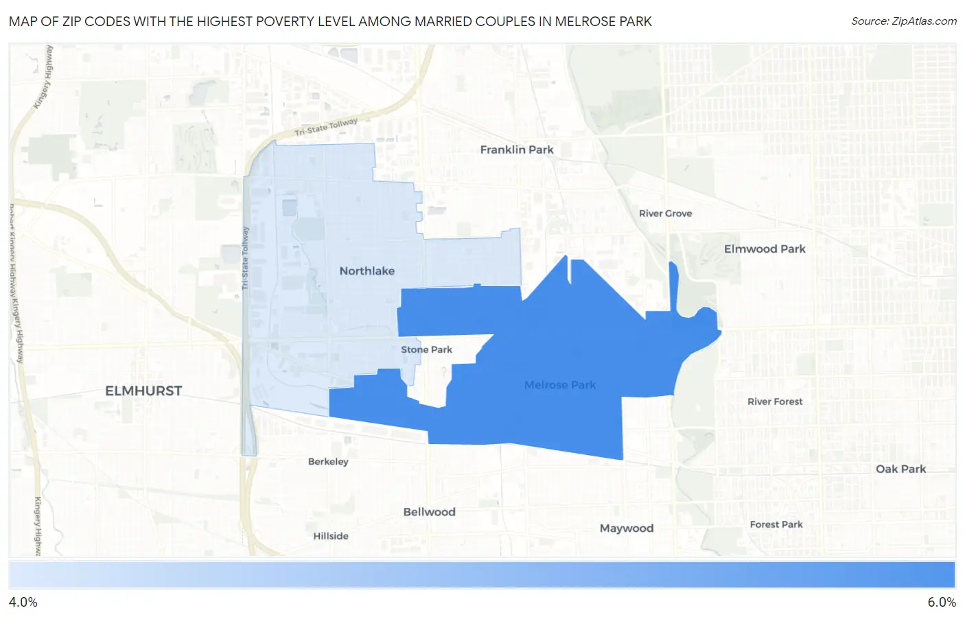 Zip Codes with the Highest Poverty Level Among Married Couples in Melrose Park Map