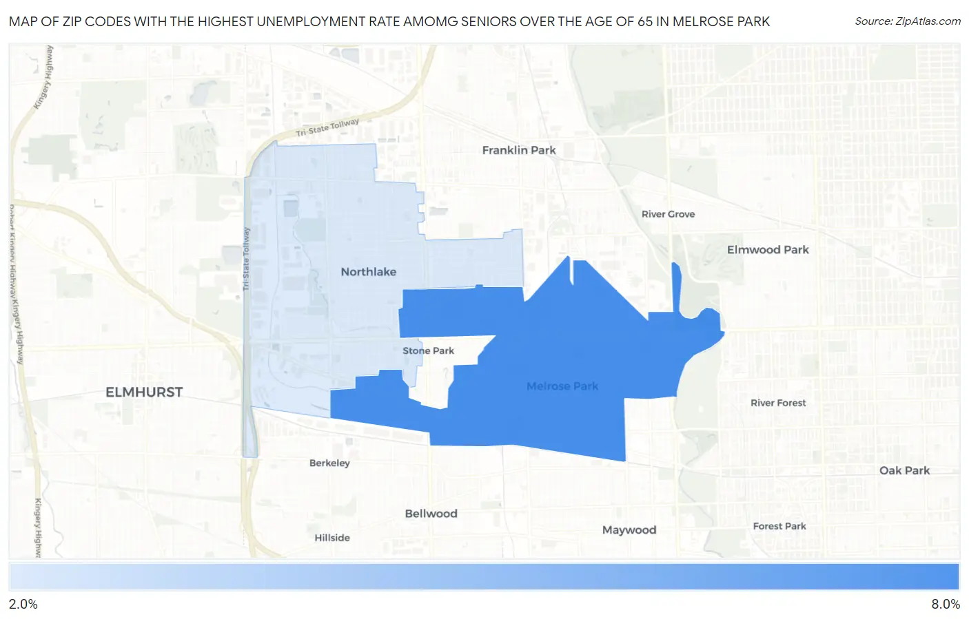 Zip Codes with the Highest Unemployment Rate Amomg Seniors Over the Age of 65 in Melrose Park Map