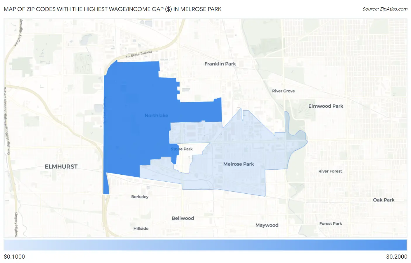 Zip Codes with the Highest Wage/Income Gap ($) in Melrose Park Map