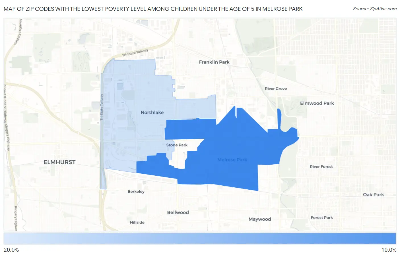 Zip Codes with the Lowest Poverty Level Among Children Under the Age of 5 in Melrose Park Map