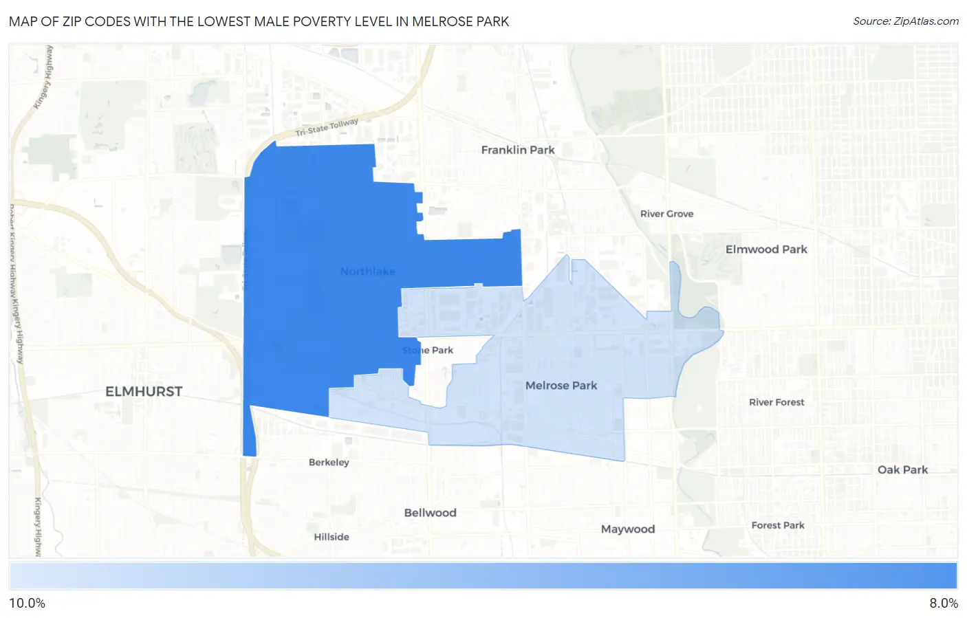 Zip Codes with the Lowest Male Poverty Level in Melrose Park Map