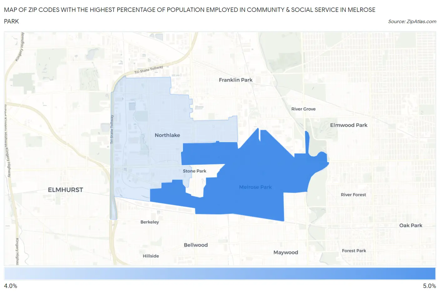 Zip Codes with the Highest Percentage of Population Employed in Community & Social Service  in Melrose Park Map
