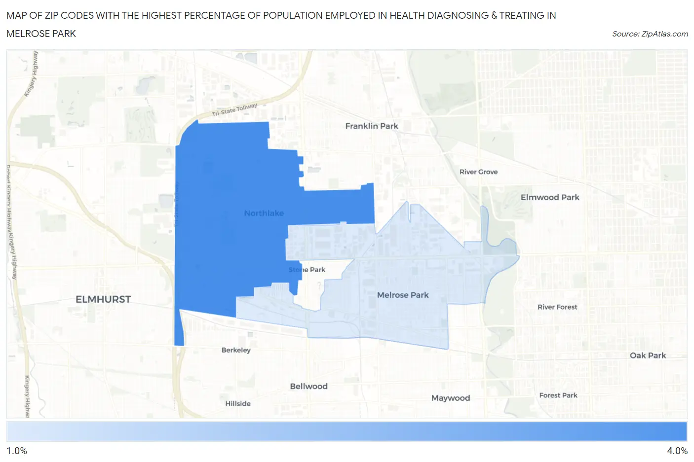 Zip Codes with the Highest Percentage of Population Employed in Health Diagnosing & Treating in Melrose Park Map