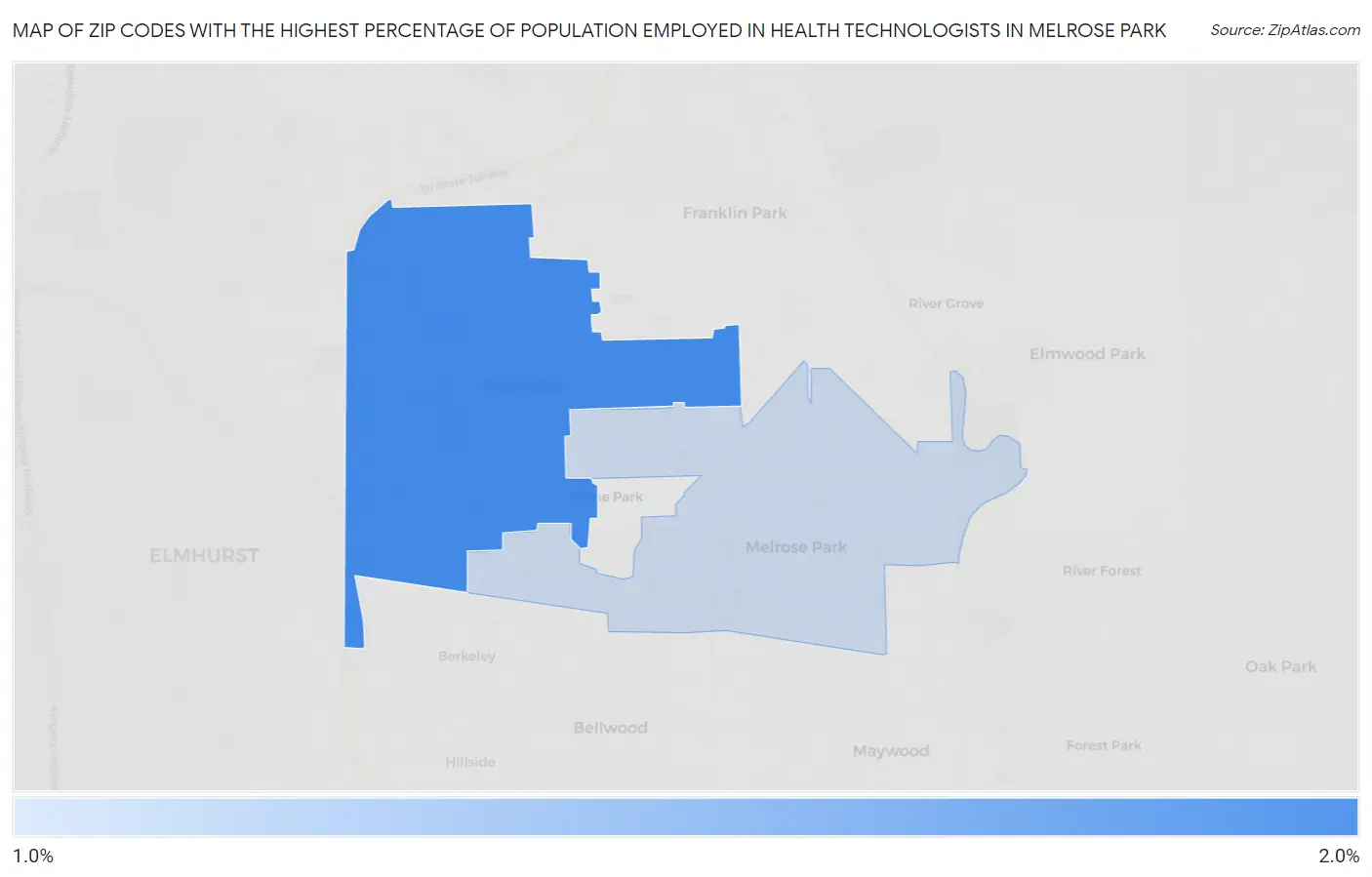 Zip Codes with the Highest Percentage of Population Employed in Health Technologists in Melrose Park Map