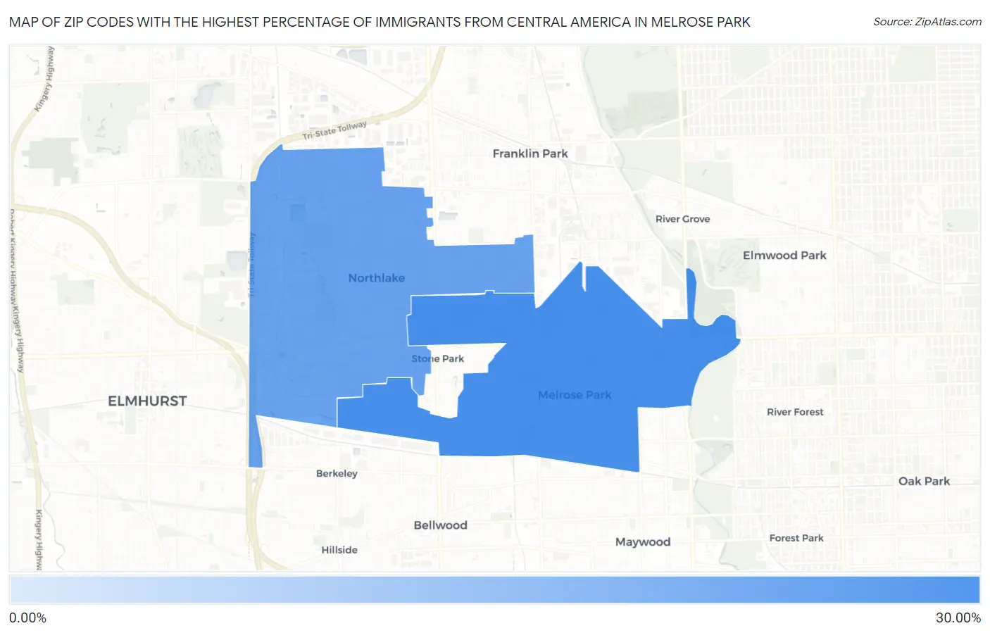 Zip Codes with the Highest Percentage of Immigrants from Central America in Melrose Park Map