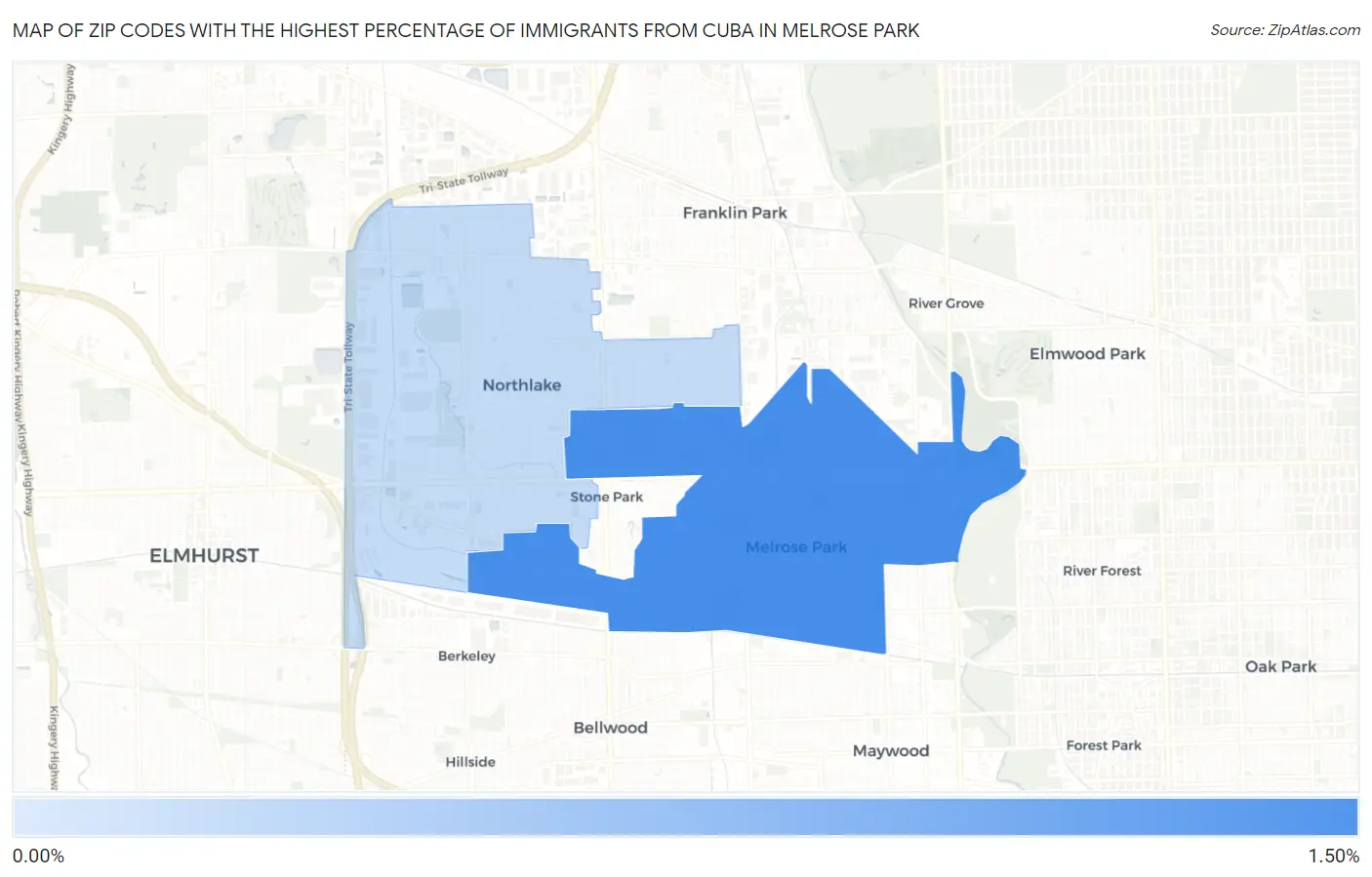 Zip Codes with the Highest Percentage of Immigrants from Cuba in Melrose Park Map