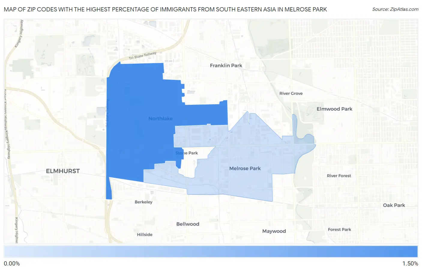 Zip Codes with the Highest Percentage of Immigrants from South Eastern Asia in Melrose Park Map