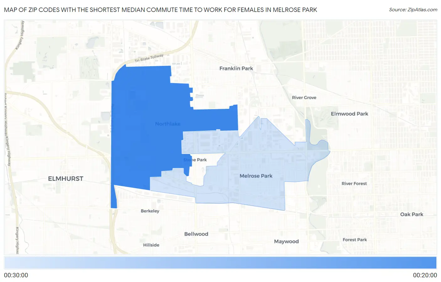 Zip Codes with the Shortest Median Commute Time to Work for Females in Melrose Park Map