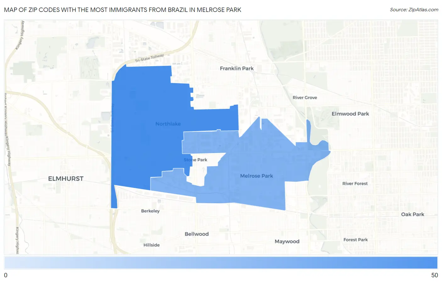 Zip Codes with the Most Immigrants from Brazil in Melrose Park Map