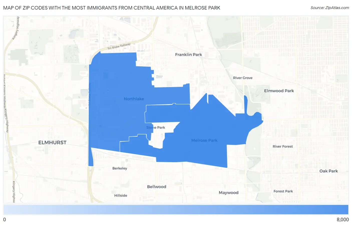 Zip Codes with the Most Immigrants from Central America in Melrose Park Map