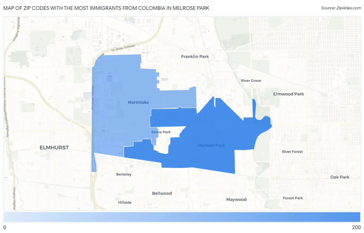 Zip Codes with the Most Immigrants from Colombia in Melrose Park Map