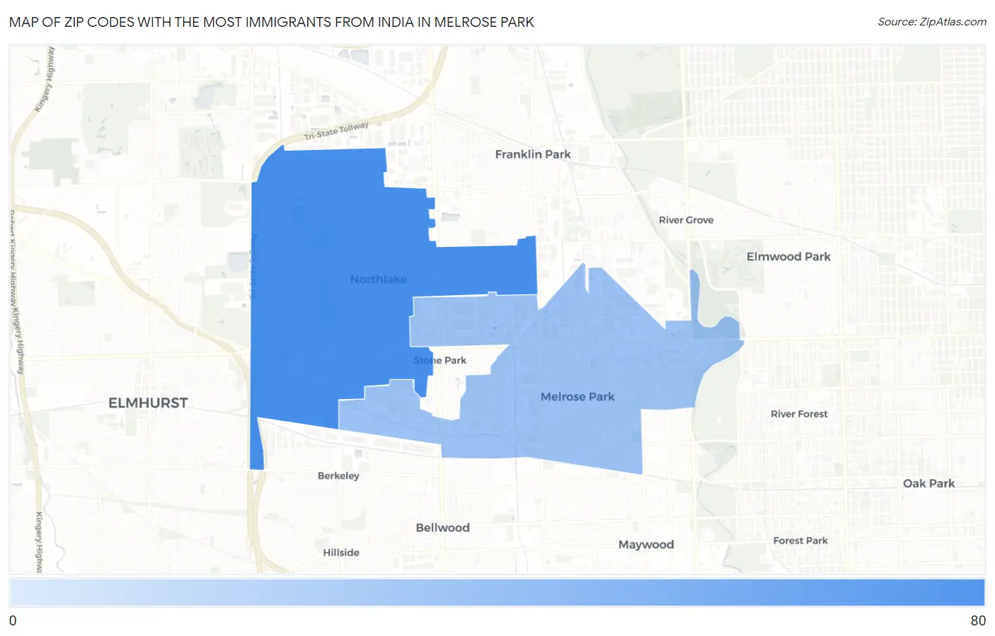Zip Codes with the Most Immigrants from India in Melrose Park Map