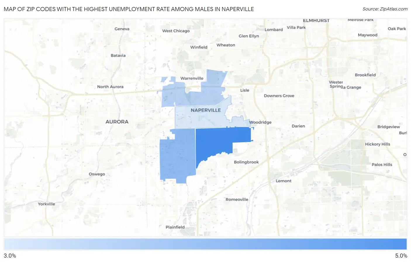 Zip Codes with the Highest Unemployment Rate Among Males in Naperville Map