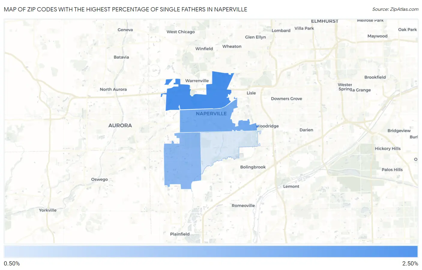 Zip Codes with the Highest Percentage of Single Fathers in Naperville Map