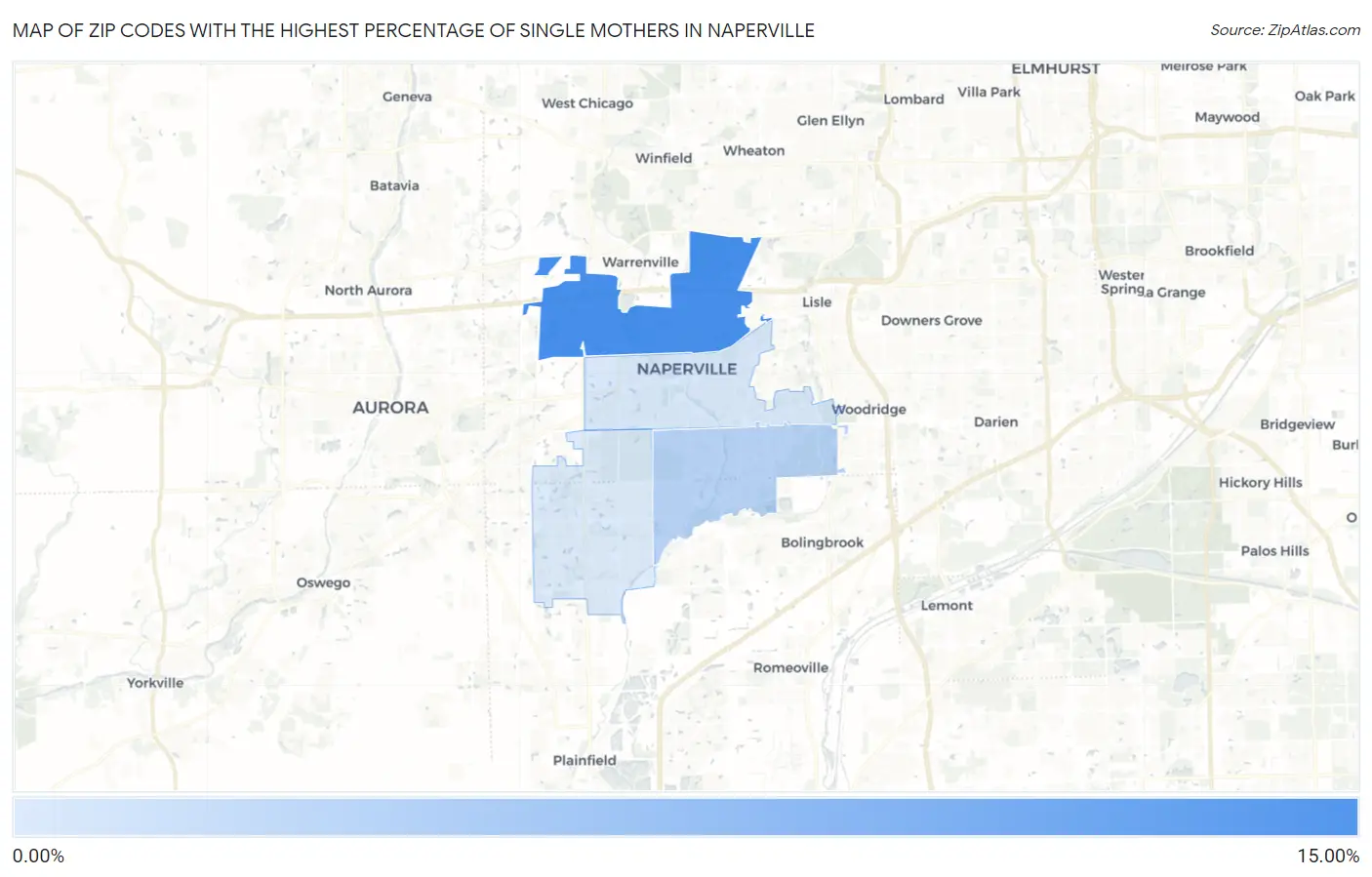 Zip Codes with the Highest Percentage of Single Mothers in Naperville Map