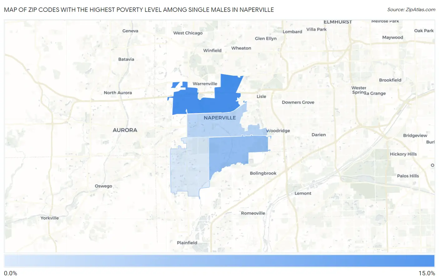 Zip Codes with the Highest Poverty Level Among Single Males in Naperville Map