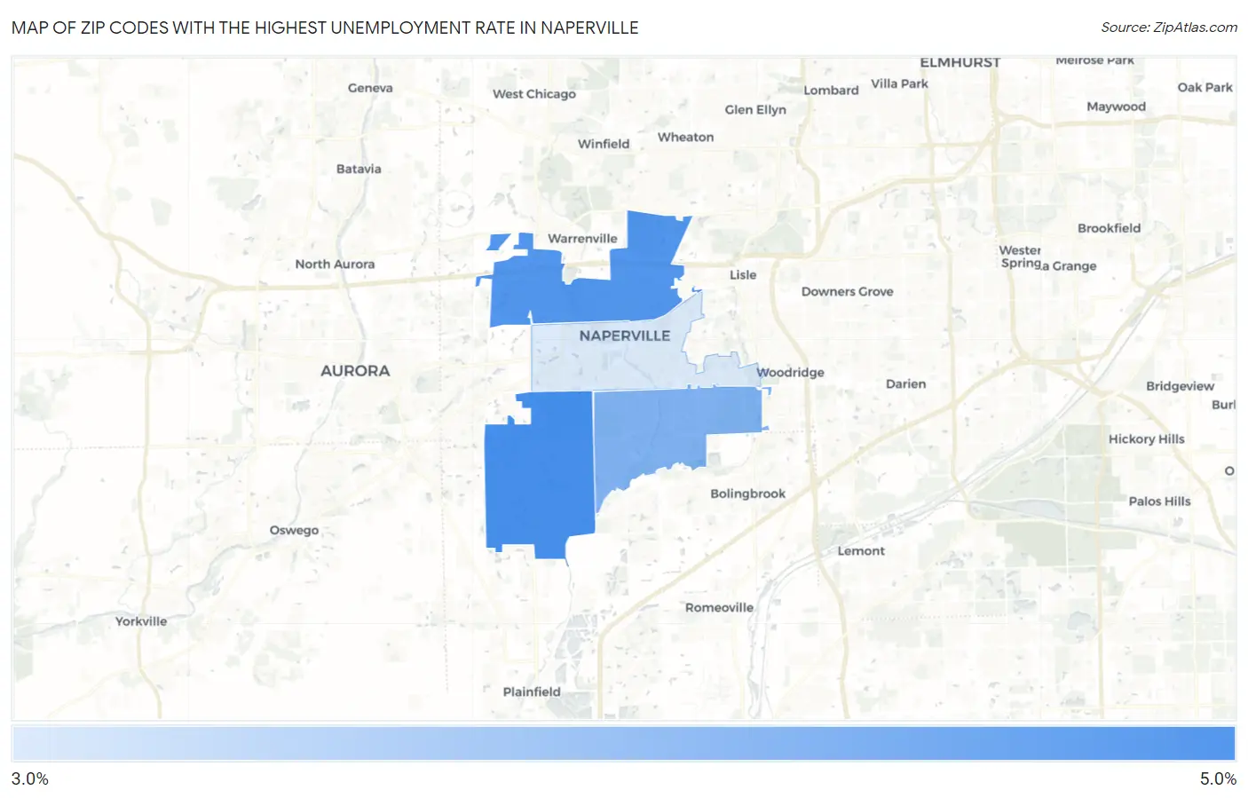 Zip Codes with the Highest Unemployment Rate in Naperville Map