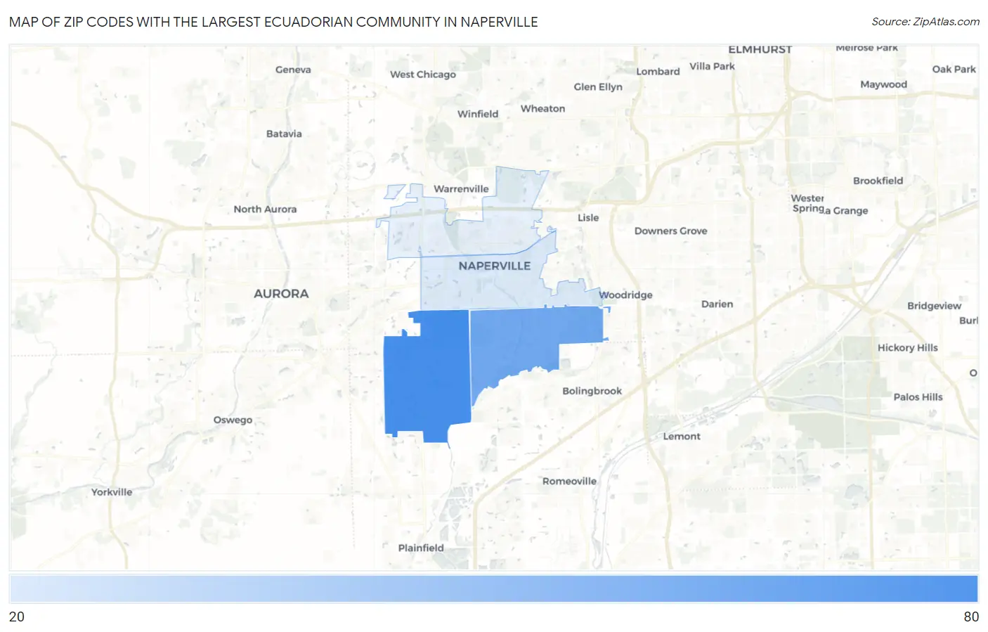 Zip Codes with the Largest Ecuadorian Community in Naperville Map