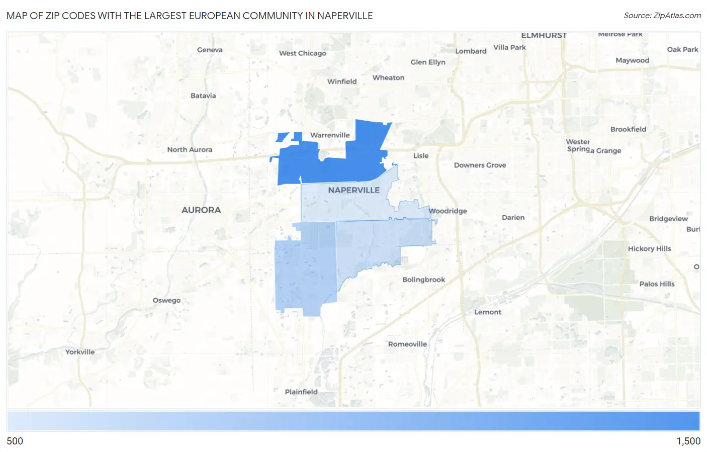 Zip Codes with the Largest European Community in Naperville Map