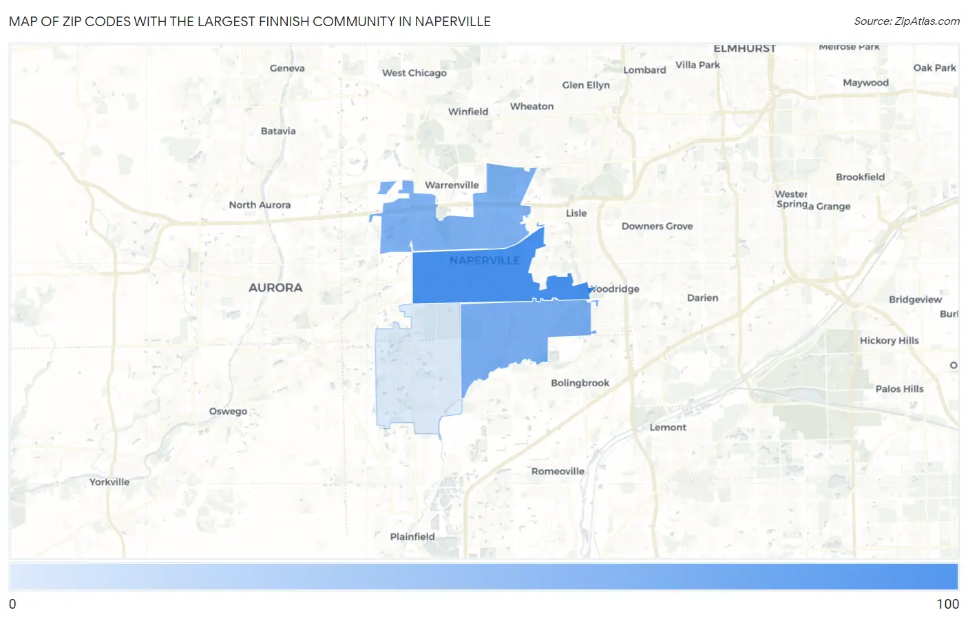 Zip Codes with the Largest Finnish Community in Naperville Map