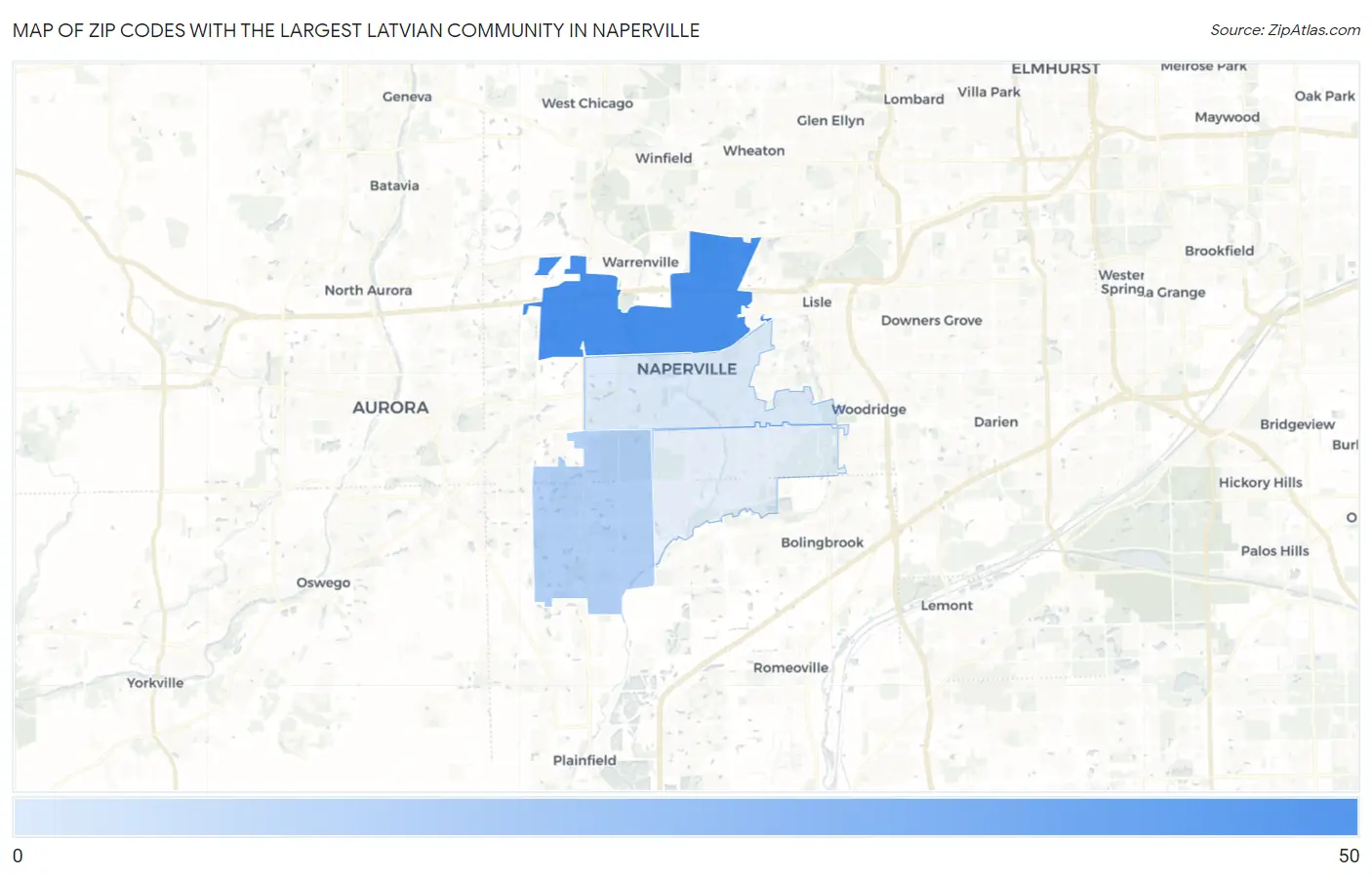 Zip Codes with the Largest Latvian Community in Naperville Map