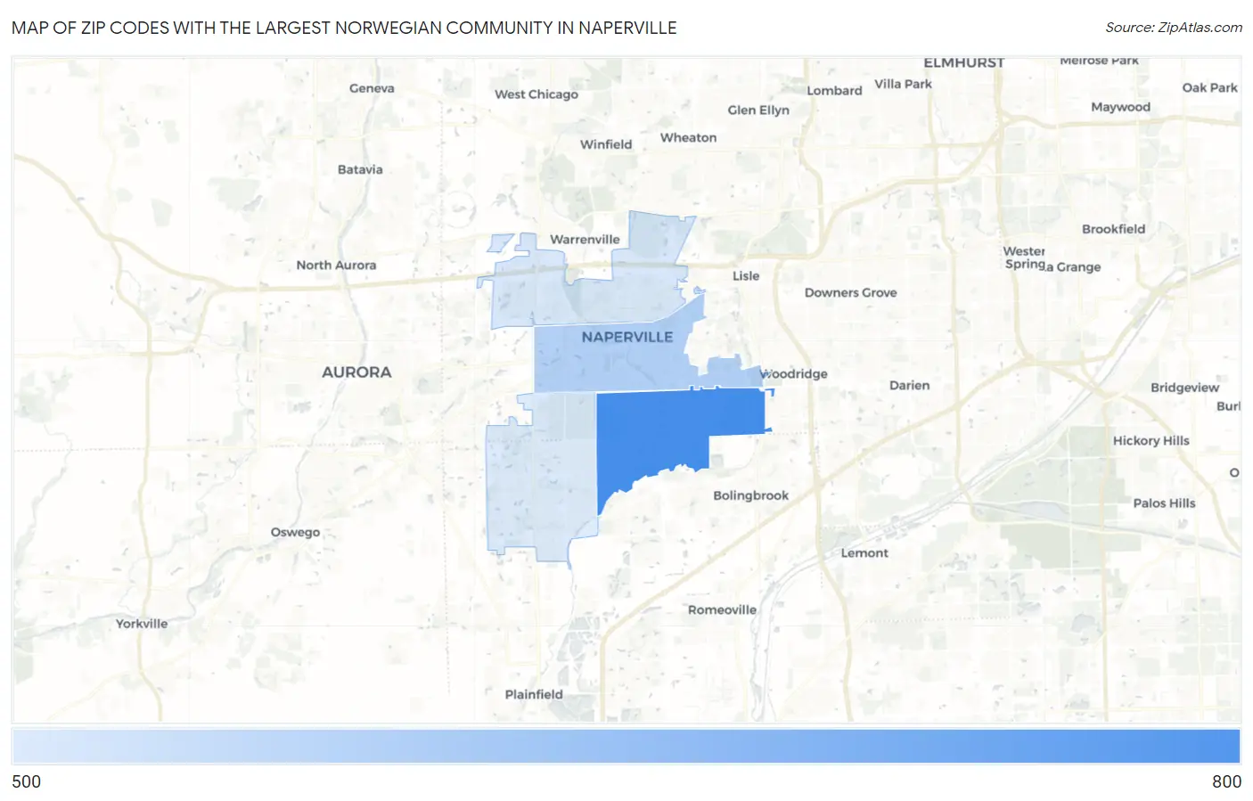 Zip Codes with the Largest Norwegian Community in Naperville Map