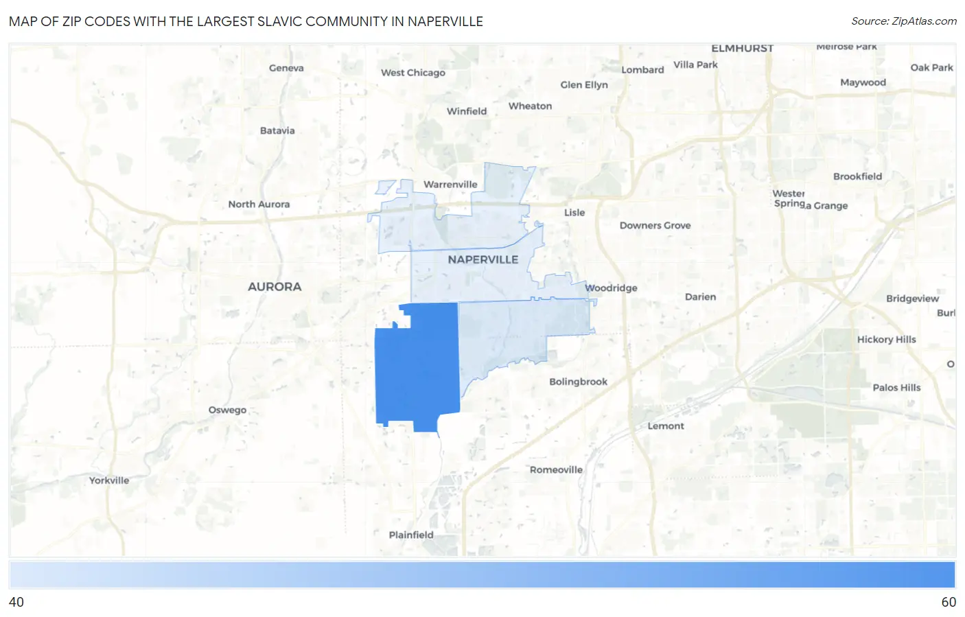 Zip Codes with the Largest Slavic Community in Naperville Map
