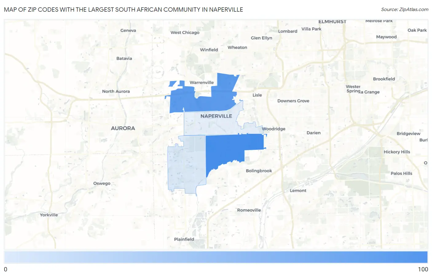 Zip Codes with the Largest South African Community in Naperville Map