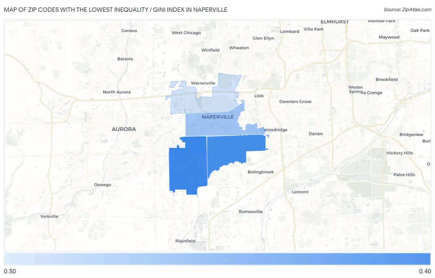 Zip Codes with the Lowest Inequality / Gini Index in Naperville Map