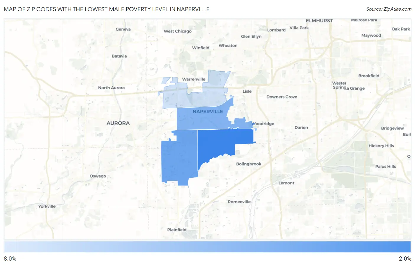 Zip Codes with the Lowest Male Poverty Level in Naperville Map