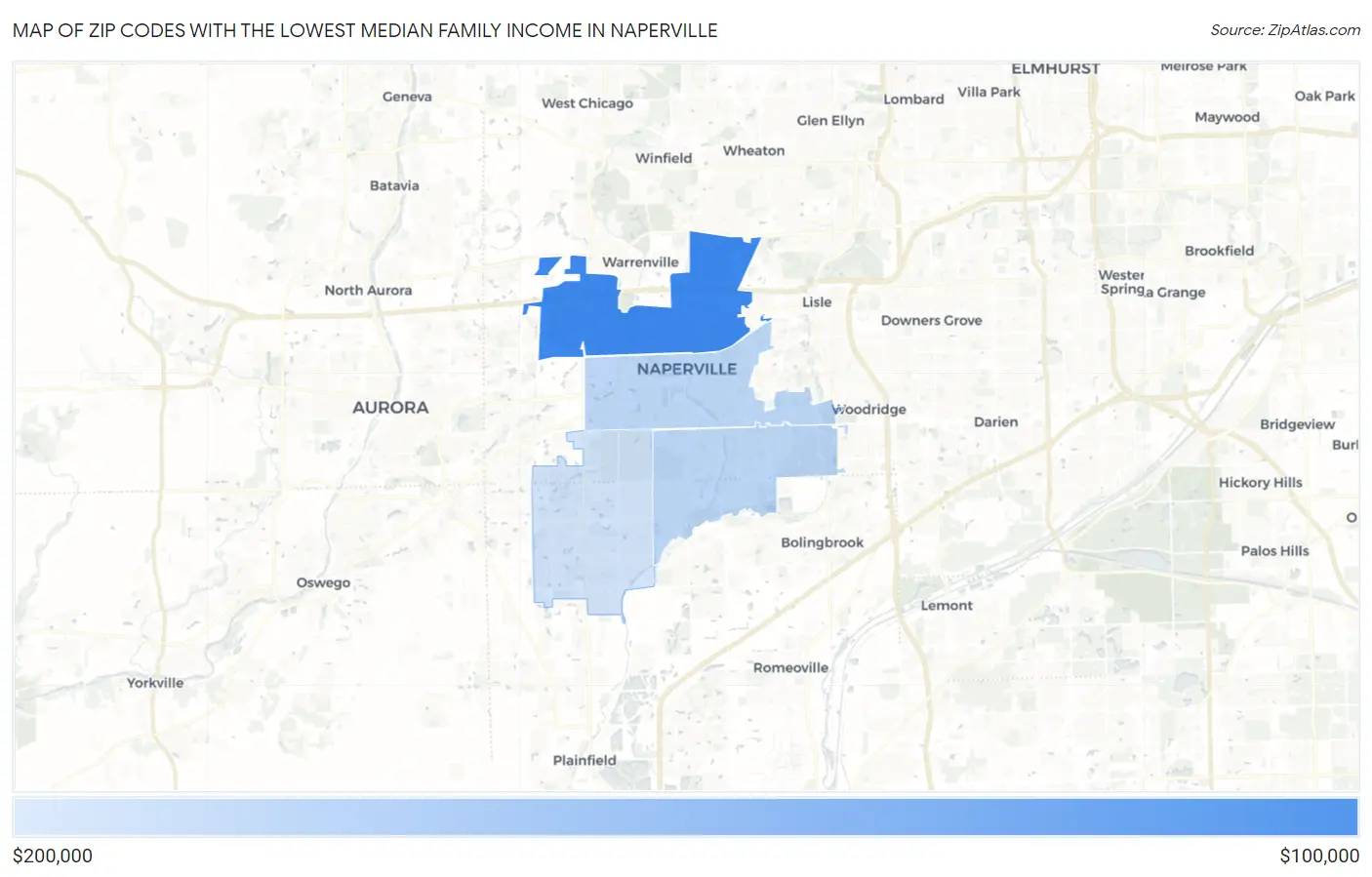 Zip Codes with the Lowest Median Family Income in Naperville Map