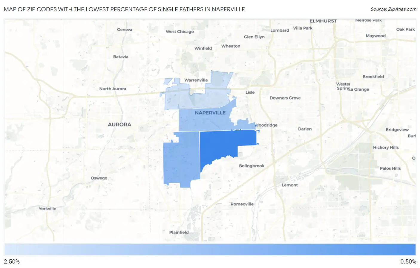 Zip Codes with the Lowest Percentage of Single Fathers in Naperville Map