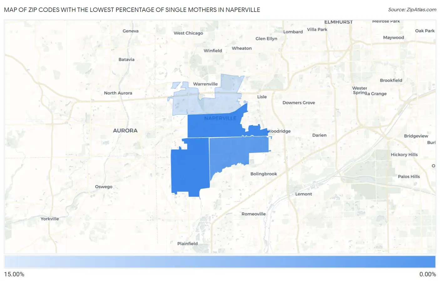 Zip Codes with the Lowest Percentage of Single Mothers in Naperville Map